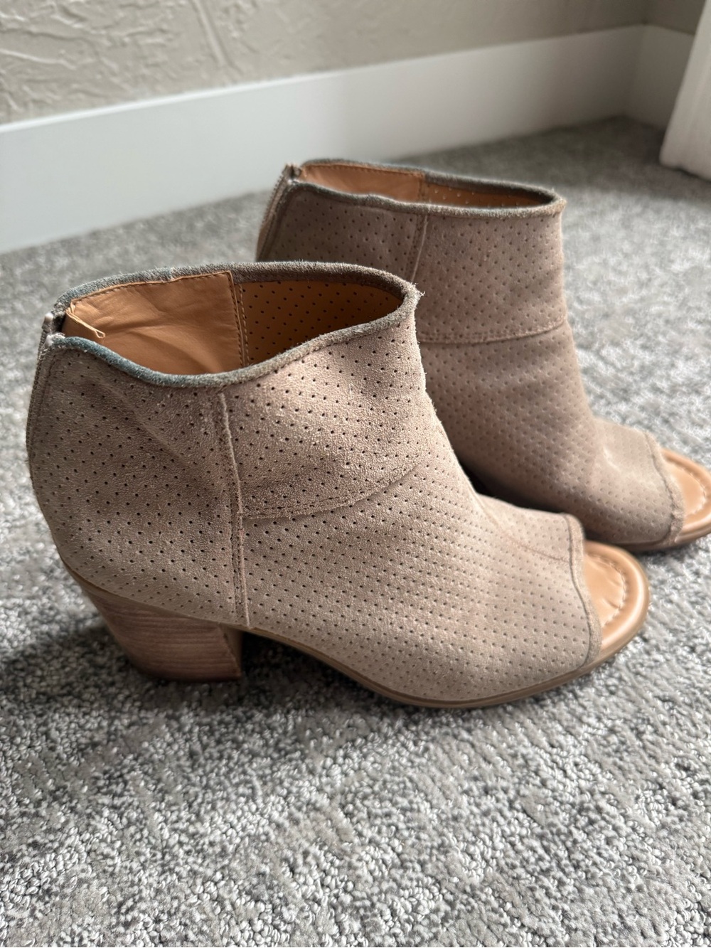 SARTO By Franco Sarto Taupe Perforated Suede Peep-Toe Mules